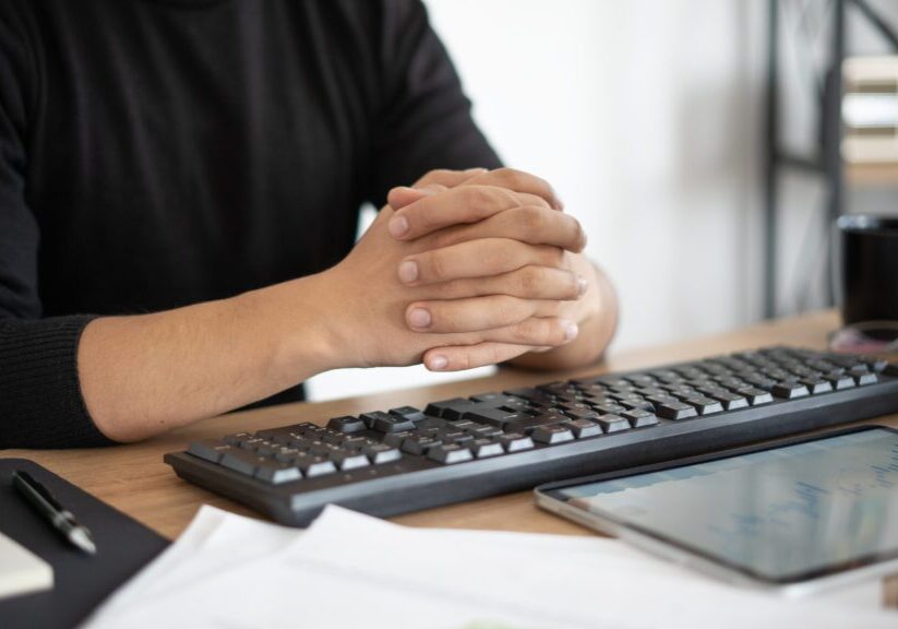 Young adult man having a job video call and looking stressed